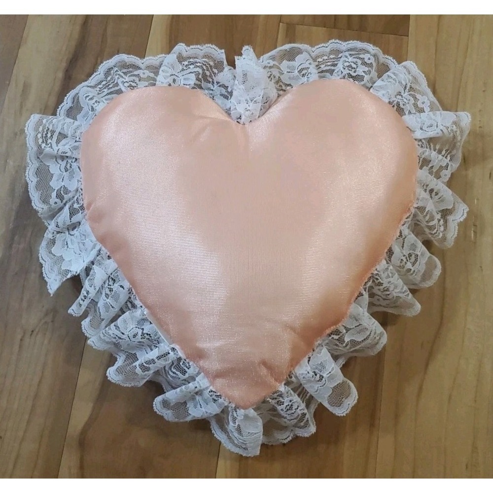 Heart Shaped Floral Lace Throw Pillow Peach Pink Cottagecore Victorian Romantic - Picture 6 of 8